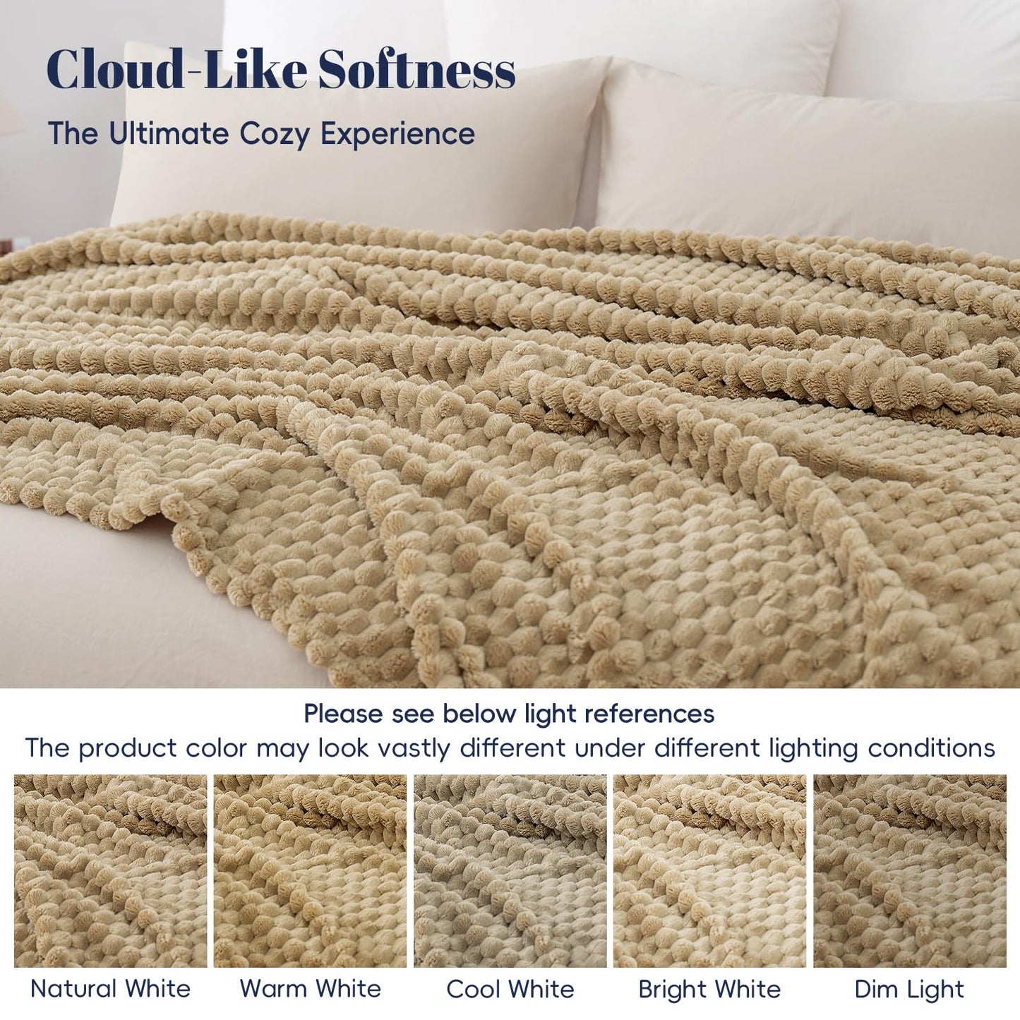 PHF Ultra Soft Flannel Fleece Blanket Queen Size, Lightweight 3D Jacquard Fleece Blanket, No Shedding, No Pilling, Luxury 340GSM Aesthetic Fluffy Cozy for Bed Room Decor, 90"x90", Khaki