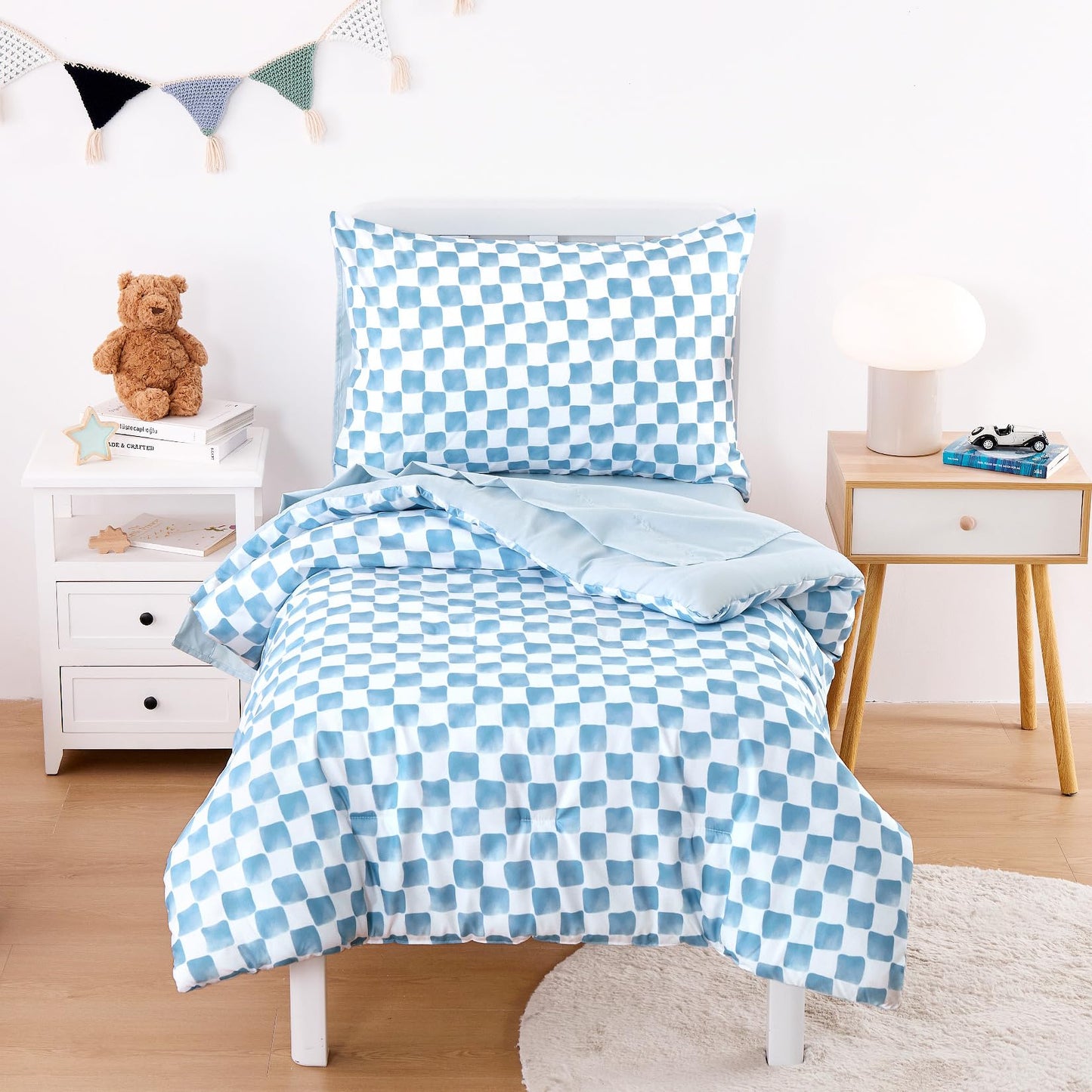 Wake In Cloud - Toddler Bedding Set for Boys Girls, Cute Gingham Grid Checkered, 4 Pieces Soft Crib Bed Set Including Comforter, Sheets and Pillowcase, Blue White