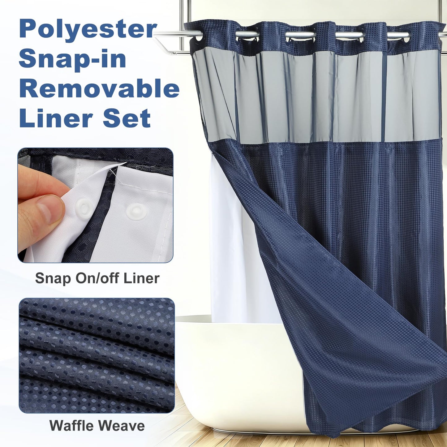 DTGN No Hook Shower Curtain, 71Wx72L Polyester Snap-in Removable Liner Set, Waterproof Washable Waffle Weave Textured Shower Curtains for Home Bathroom Hotel, Navy Blue