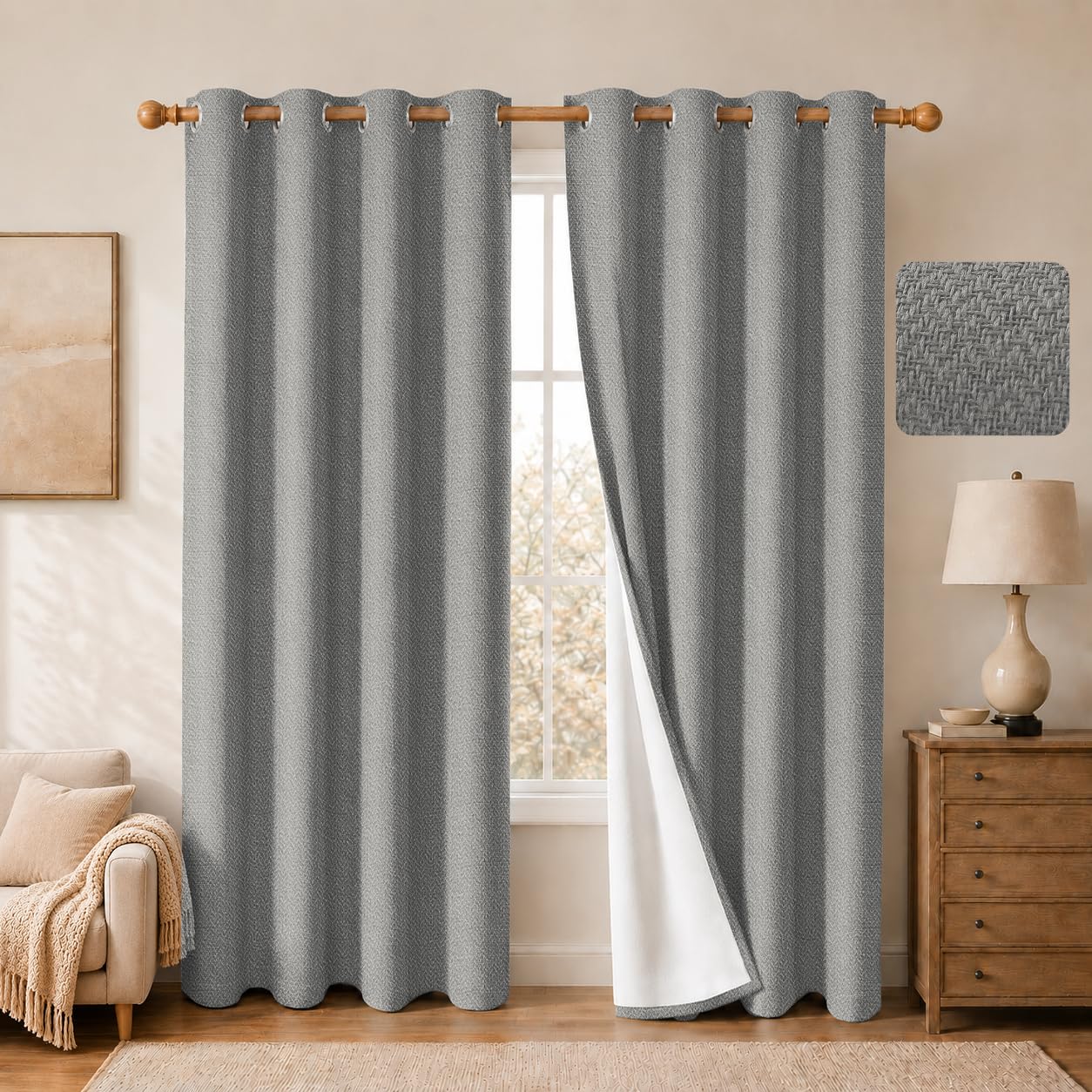 SABALANICA 2 Panels 100% Blackout Linen-Textured Curtains, Thick Thermal Insulated Grommet Drapes with Subtle Herringbone Weave, Luxury Decor for Bedroom/Living Room, 54 x 84 Inches, Grey
