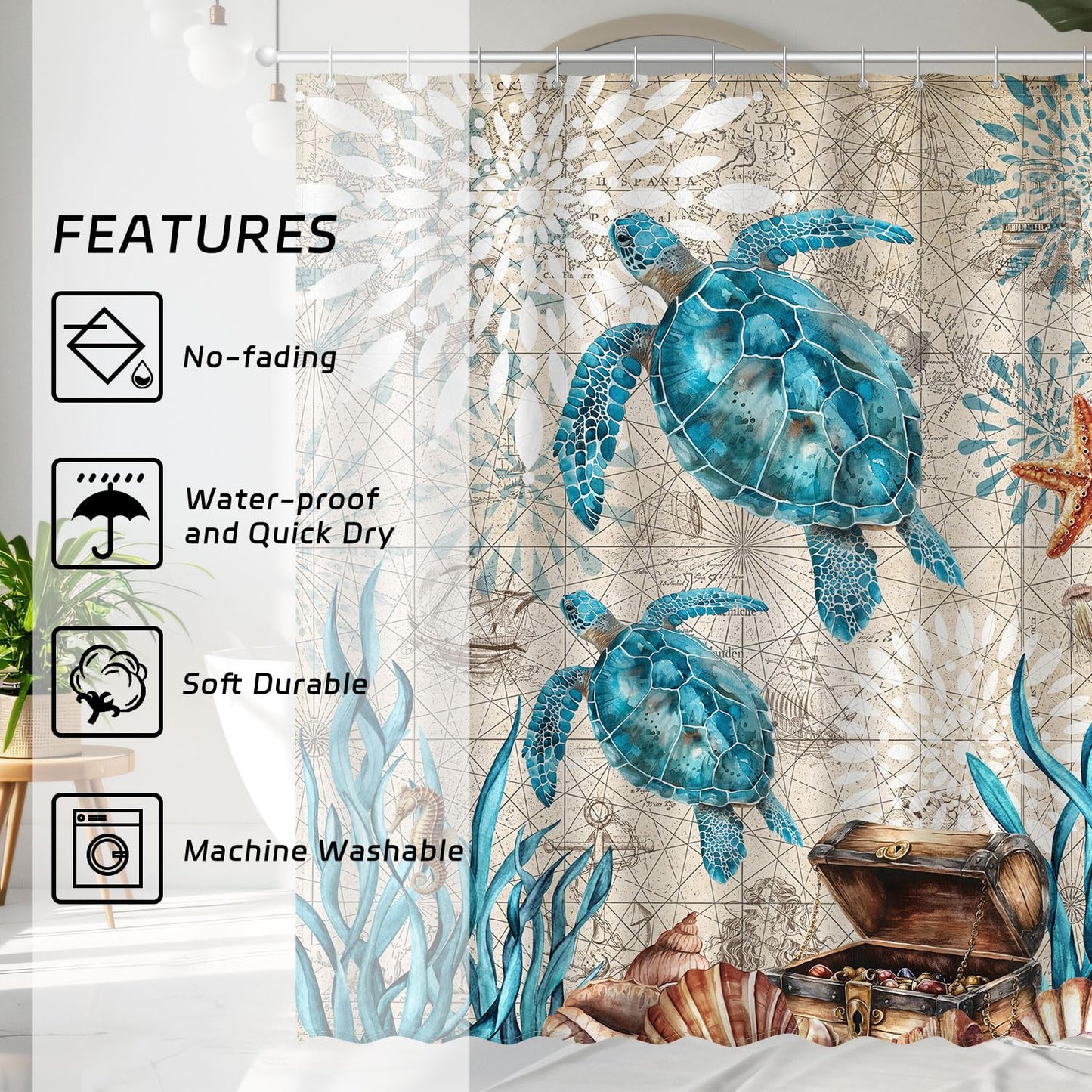 AMLabubu Blue Sea Turtles Nautical Shower Curtain Set, Ocean Beach Boho Bathroom Decor, Polyester Cloth Fabric Bath Curtain with 12 Hooks 72" W x 72" L