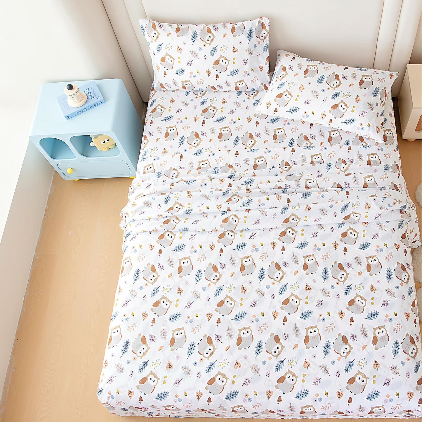 MICORAL Kids Twin Sheet Set, 3 Pieces Sheets for Boys & Girls, Soft Printed Microfiber Bed Sheets, Deep Pocket Cozy Toddler Bedding Set, Owl (White)