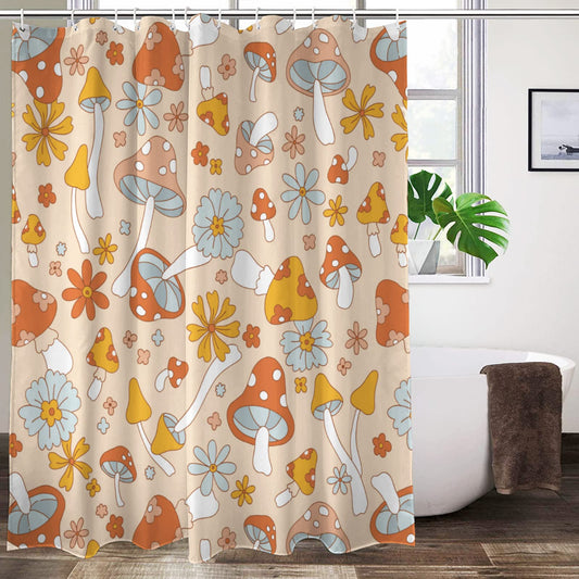 Lovetar Retro 70s 60s Hippie Mushroom Shower Curtain Funky Vintage Cute Flower Boho Floral Washable Waterproof Fabric Bath Curtains Set for Bathroom Decor Art with 12 Hooks - 72x72 Inch