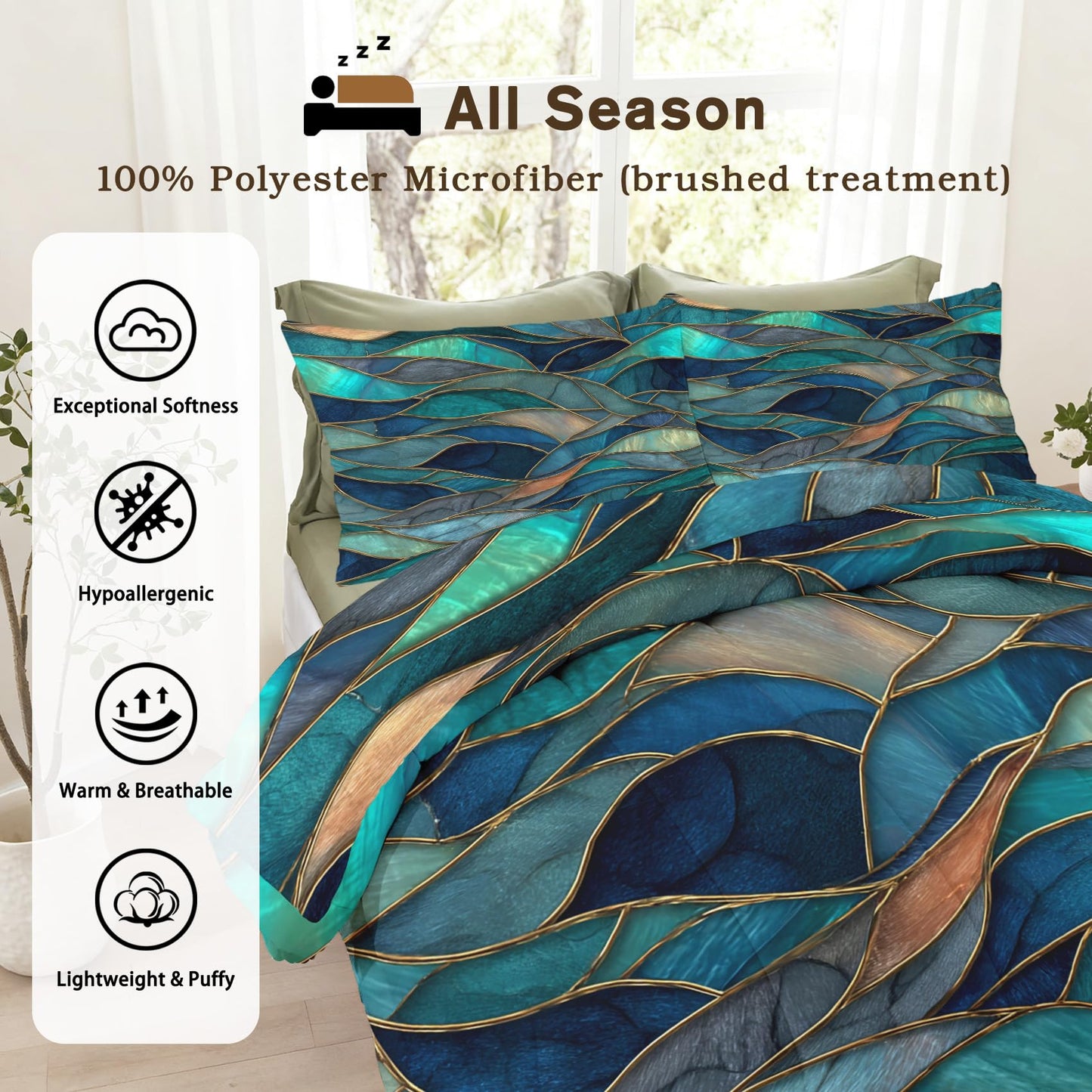 Flumoxa Stained Glass Comforter Set Full, Teal Abstract Marble Comforter Down Alternative All Season Bedding, Stained Glass Bed Sets Full Size with Pillowcase, Bedroom Decor