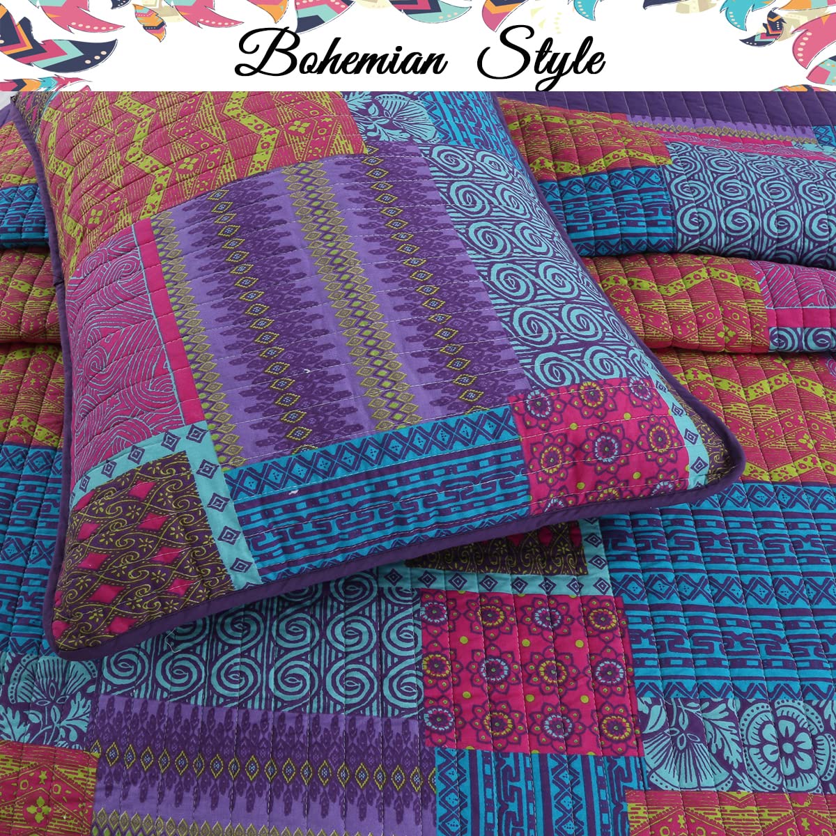 Cozy Line Home Fashions 100% Cotton Artsy Bohemian Purple Blueberry Fuchsia Patchwork Reversible Quilt Bedding Set, Coverlet Bedspread for All Seasons (Boho Chic, King - 3 Piece)