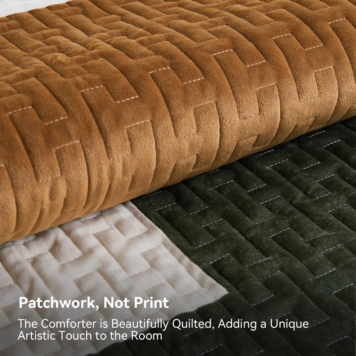 Grassix Velvet Quilt Set Queen Size, 3 Pieces Patchwork Bedspread Coverlet with 2 Pillow Shams for All Seasons, Lightweight Comforter Bedding Set, Green Caramel, 90"x96"