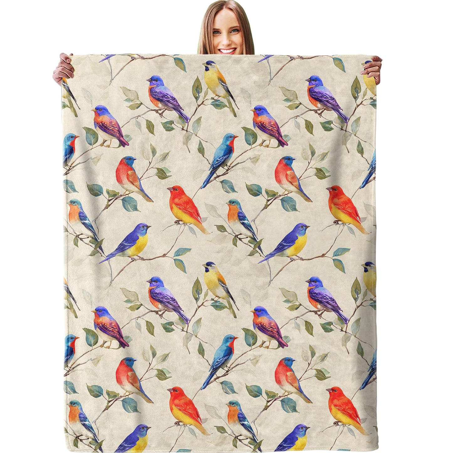 Colorful Birds Blanket, Plush Soft Lightweight Warm Cozy Flannel 60×50 inch Throw Blanket with Nature Garden Bird Design for Couch, Travel, Bed, Office, Outdoor, Gifts for Women Kids Girls Adults