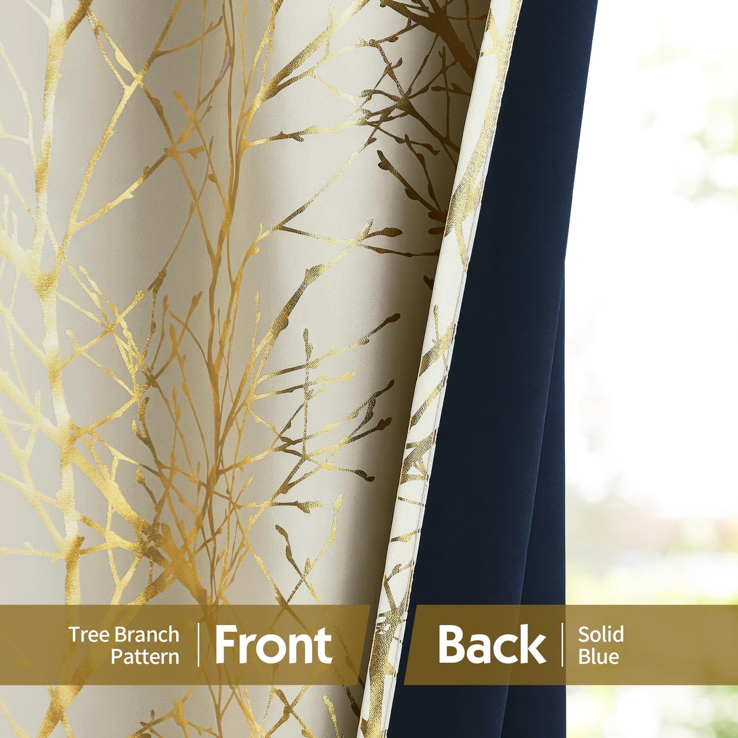 FMFUNCTEX 100% Blackout Curtains Ivory Gold Tree for Living Room, Curtains 84 Inches Long Foil Branch Patterned Panels for Bedroom, Thermal Insulated Drapes Home Office Grommet Top 2 Panels