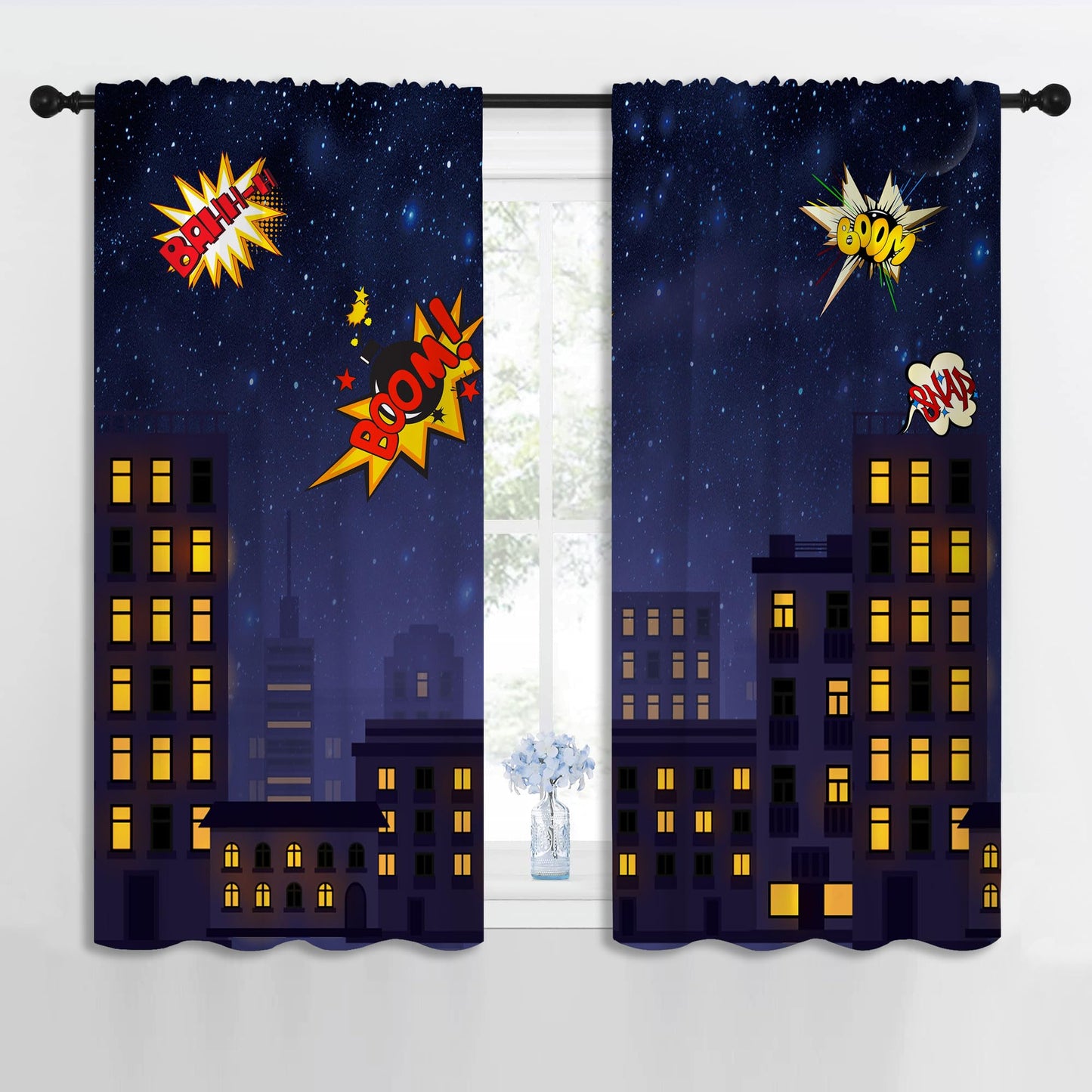 PYMATYTN Super Hero Rod Pocket Blackout Curtains for Boy Girl Bedroom, Exploding City Starry Cartoon Skyline Thermal Insulated Home Window Drapes for Living Room Darkening, 42x45 inch