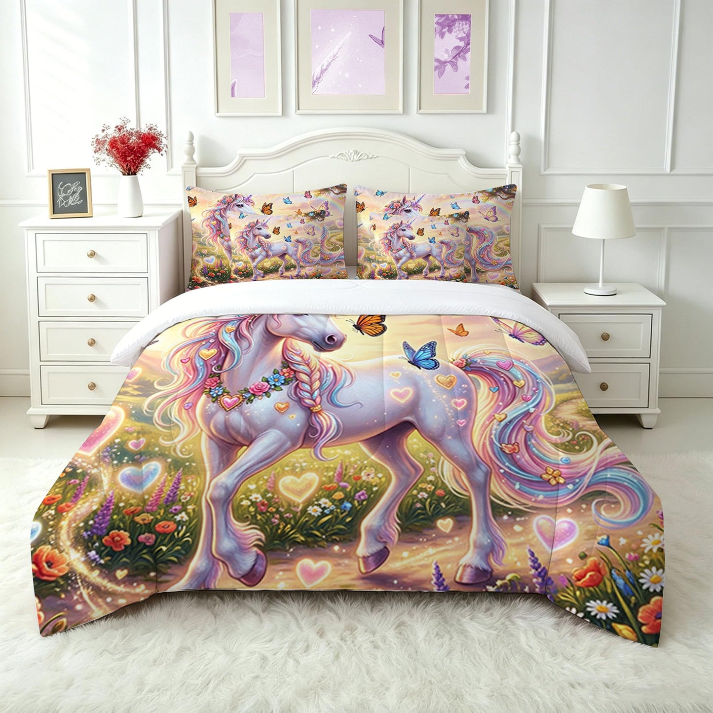 FUYEUN Unicorn Comforter Set Queen Size 7 Pieces Cute Rainbow Print Bedding Set for Kids Boys Girls Bed in a Bag with Comforter, Sheets, Pillowcases, Cushion Covers Dreamy Princess