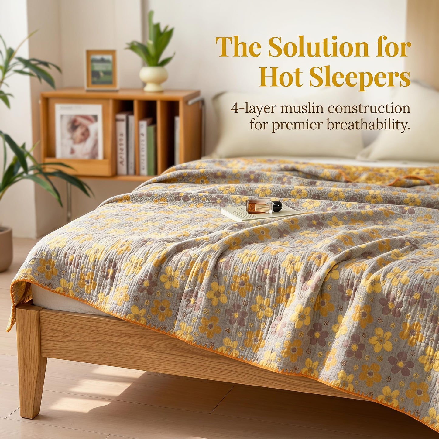 King 100% Cotton Muslin Quilted Blankets for All Season 4-Layer Gauze