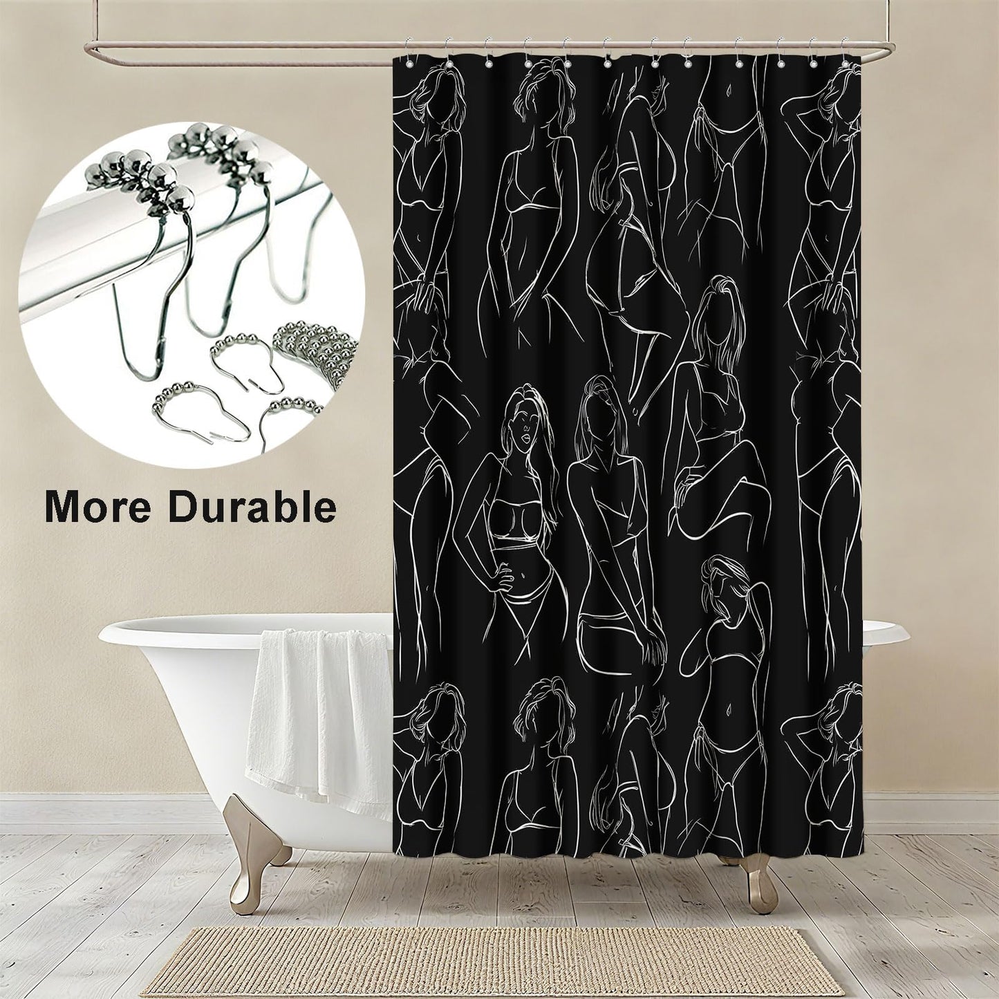 mutakin Black and White Shower Curtain Abstract Women Minimalist Art Shower Curtains for Bathroom Waterproof Fabric Bath Curtain Decor with Hooks