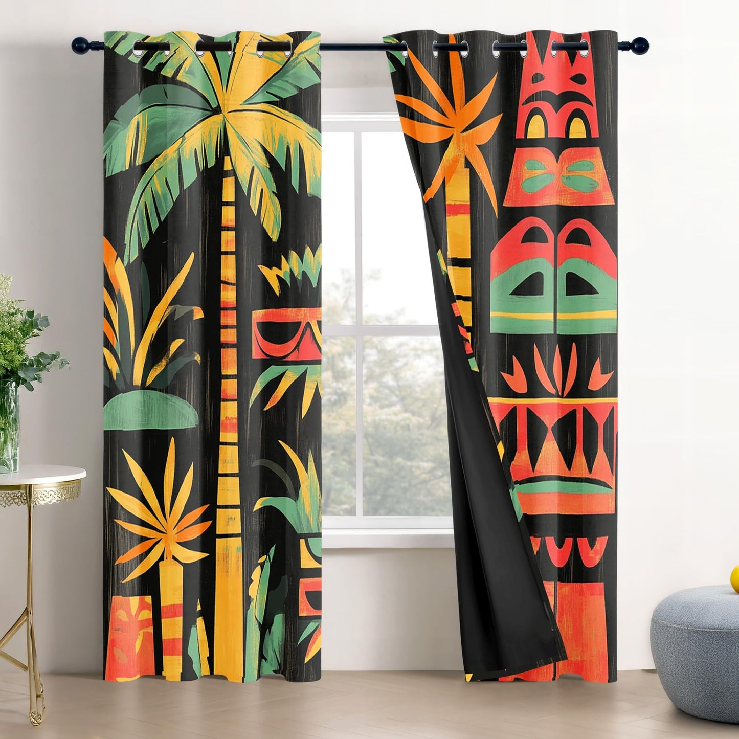 Solvivae Tropical Blackout Curtains for Bedroom Living Room, Palm Tree Tiki Mask Hawaiian Patterned Window Treatments, Room Darkening Thermal Insulated Grommet Drapes, 54 Inch Curtains 2 Panel Set