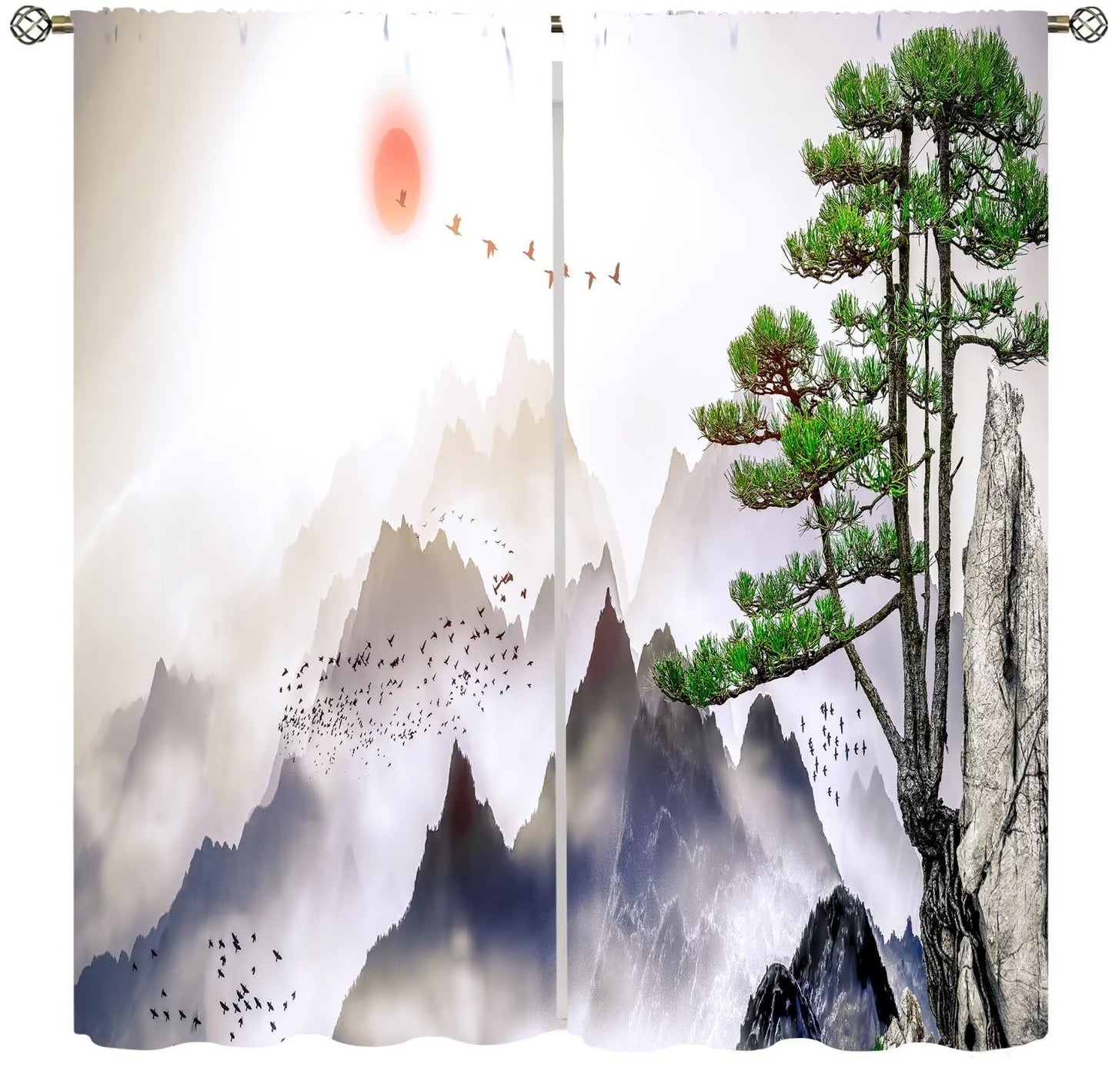 Asian Kitchen Curtains Traditional Chinese Ink Landscape Painting Green Branches and Animal Birds for Living Room Bedroom Blackout Privacy Noise Reduction Curtains 42x45 Inches 2 Panels
