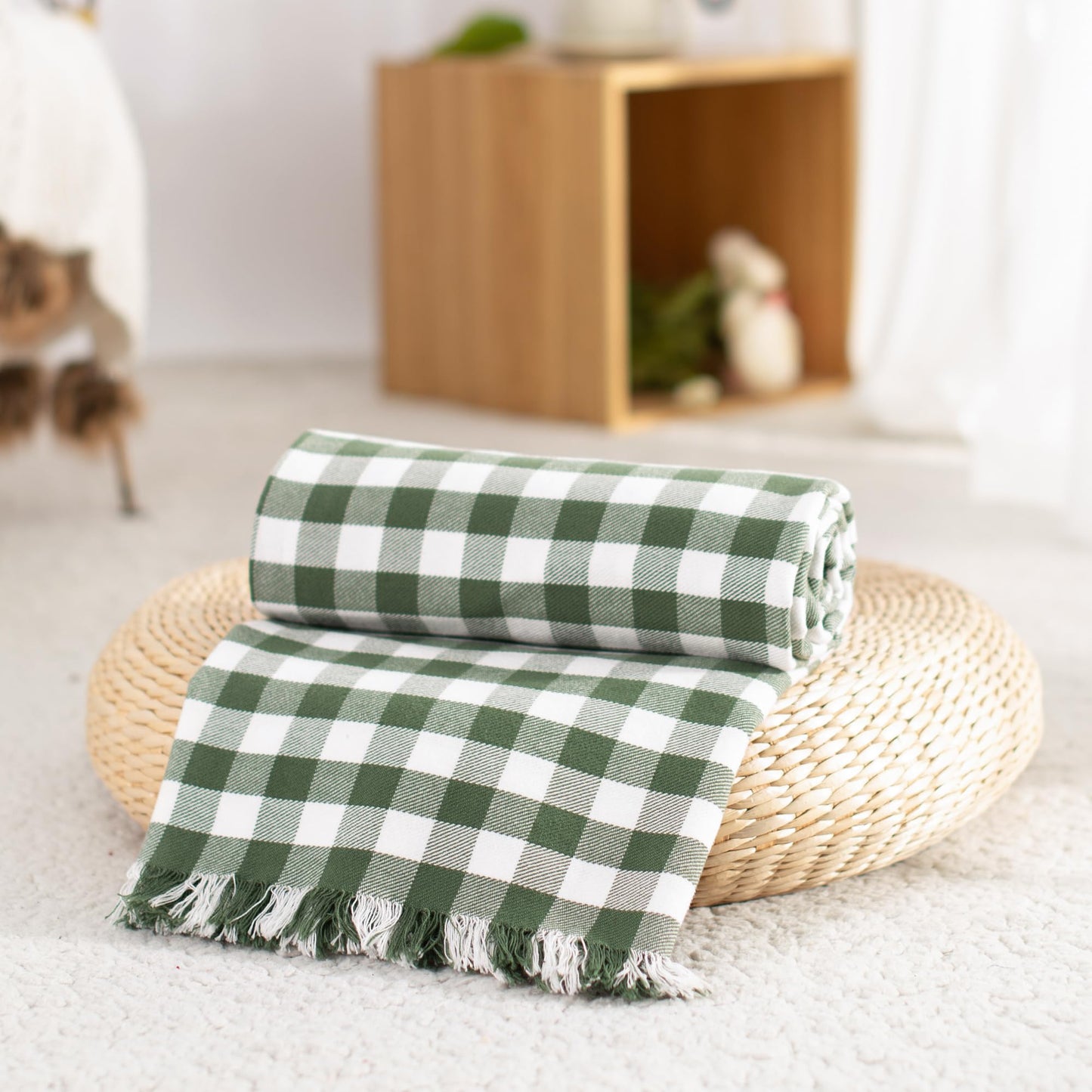 CloudDwelling 100% Cotton Throw Blanket Plaid Soft Lightweight Cozy Farmhouse Tassels Summer Thin Breathable Throws for Couch Sofa Bed (50" × 60" Green)