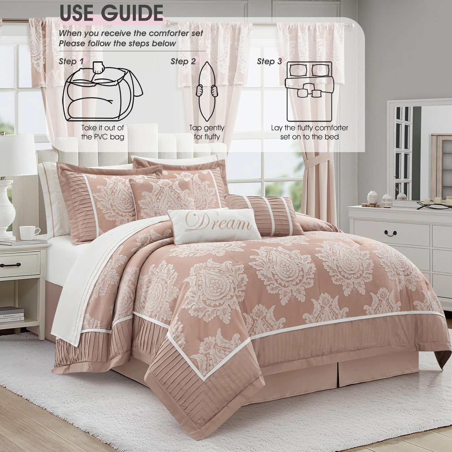 LANCO MODERN LIFESTYLE Blush King Size Comforter Set, 15 Pieces, Damask Jacquard Woven, Bedding Set with Sheets, Room in a Bag, Comforter, Bed Skirt, Pillow Shams and Decor Pillows, Curtains