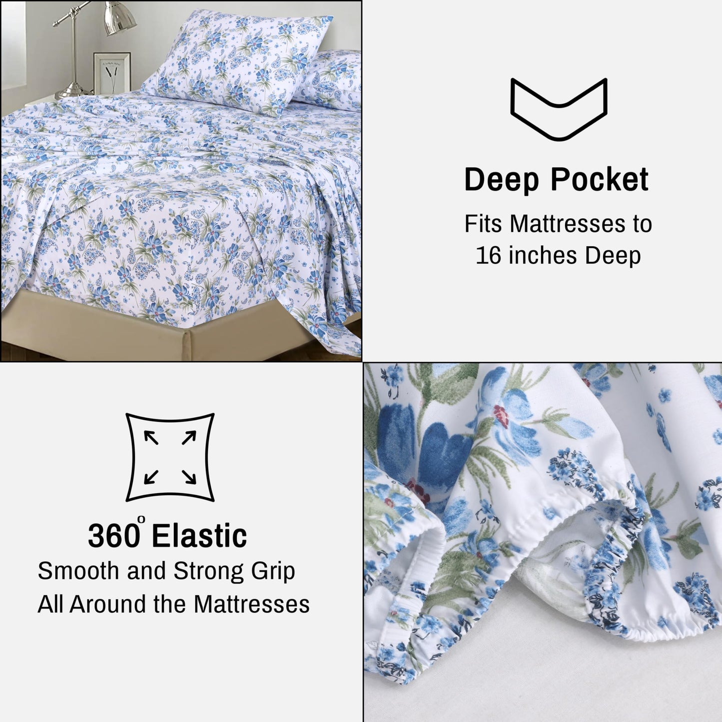 RUVANTI 100% Cotton Sheets Queen Size Set, 4 Pieces, Soft & Breathable Percale Weave Bedding, Deep Pocket 16", Hotel Standard, Crisp Cool Feeling, Durable, Perfect Floral Bed Sheet, Paislyona