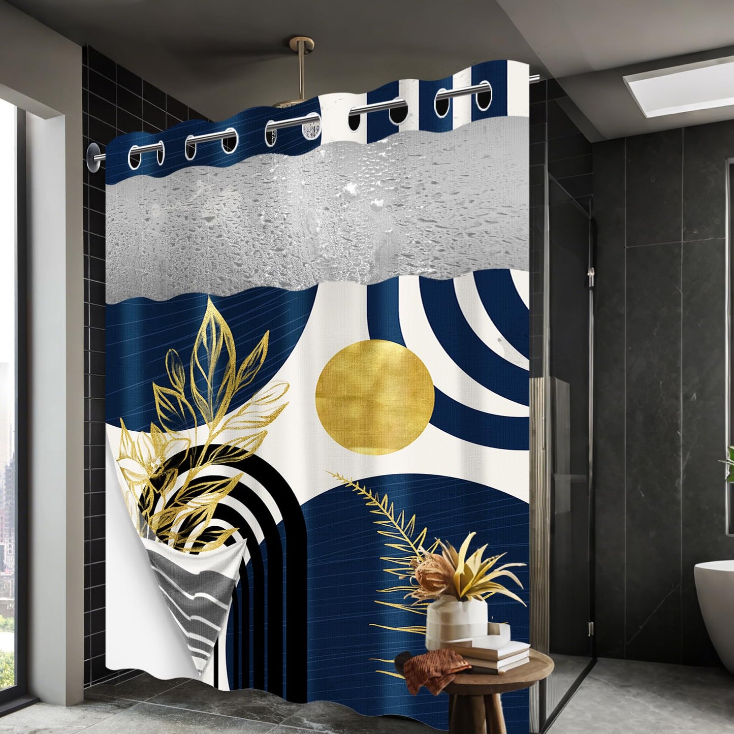 Yieldeer Navy Blue Hookless Shower Curtain, Snap-in Liner,71" W x 74" L