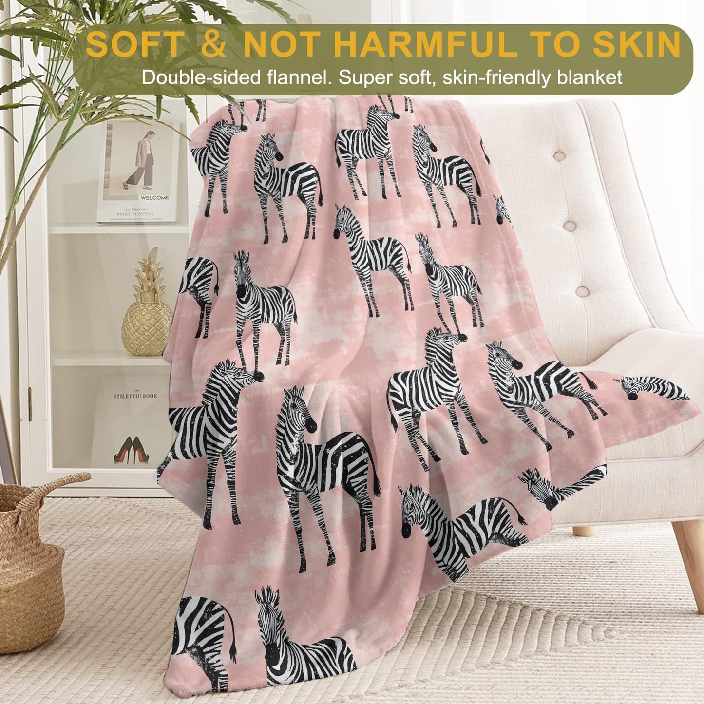 ainori Zebra Flannel Blanket - Stylish Safari Design with Black and White Zebras on Pink Throw - Soft Cozy Gifts Blankets for Animal Lovers, Safari-Themed Room Decor, and Whimsical Accent 50x60in