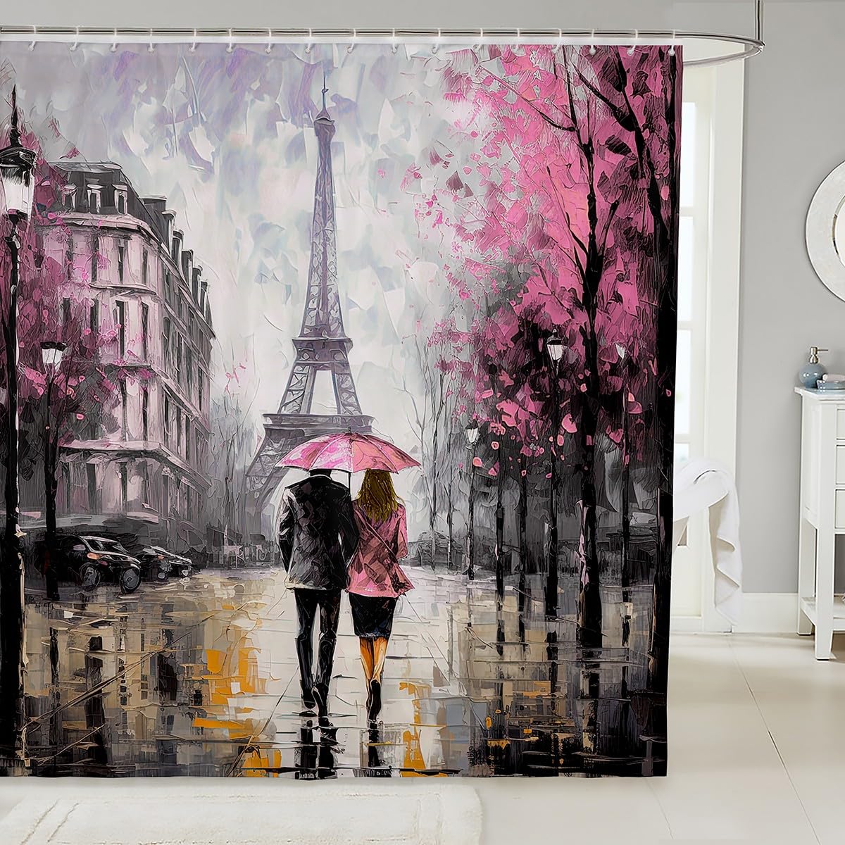 jejeloiu Pink Eiffel Tower Shower Curtain 72"x78" Couple Valentine's Day Bathroom Shower Curtain Set for Girls Women Lover Romantic Paris Bath Curtain France Trip Bathroom Accessories
