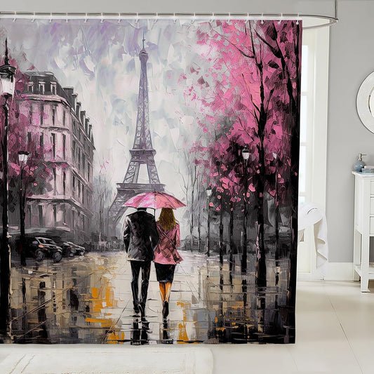 jejeloiu Pink Eiffel Tower Shower Curtain 72"x78" Couple Valentine's Day Bathroom Shower Curtain Set for Girls Women Lover Romantic Paris Bath Curtain France Trip Bathroom Accessories