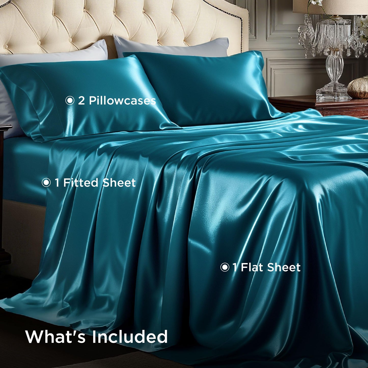 Bedsure Satin Sheets Full Size - 4 Piece Silky Bedsheets with 15 Inches Deep Pocket Fitted Bedsheet,1 Flat Sheet, 2 Satin Pillowcases, Good for Hair & Skin (Full, Teal)