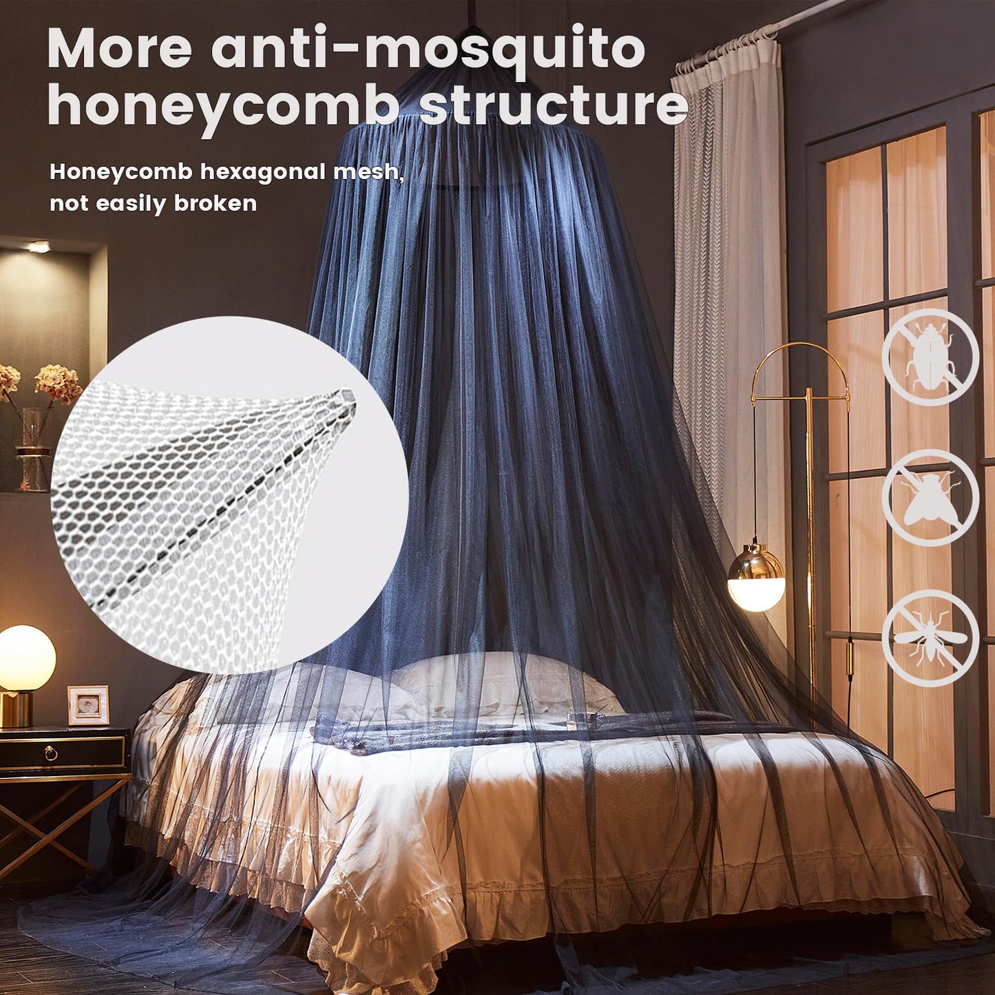 Mengersi Bed Canopy Mosquito Net for Bed, Canopy Bed Curtains, Dome Mosquito Netting Bed Tent, Indoor Outdoor, Black, Full Size