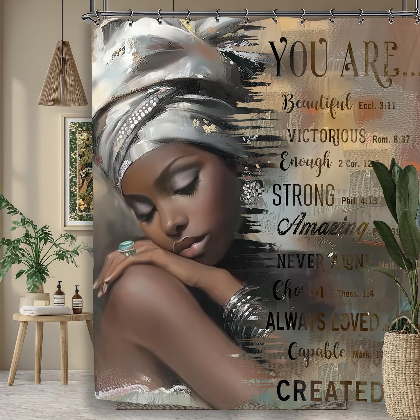 Yookeb African American Inspirational Bathroom Shower Curtain 60W by 71H Inch Black Girl Woman Lady Motivational Quotes Positive Bible Polyester Fabric 12 Plastic Hooks Waterproof Decor