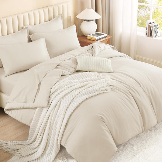 Litanika Bed in a Bag Queen Beige - 7 Pieces Queen Comforter Set Bedding Comforter Sets, Solid Fluffy Bed Set with Comforter, Sheets, Pillowcases & Shams