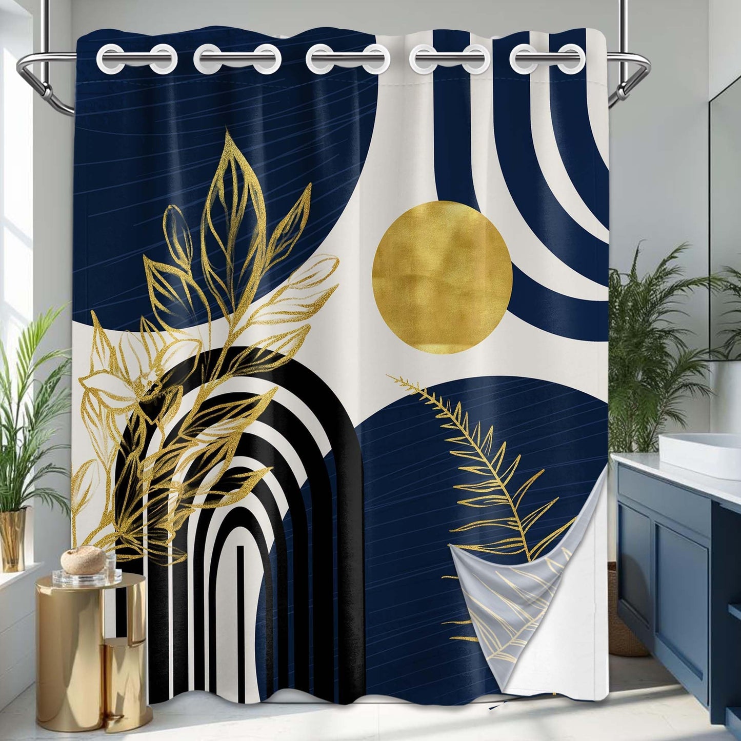 Bxpaitx Navy Blue Hookless Shower Curtain with Snap in Liner Set, Boho Dark Blue and Gold No Hook Shower Curtains for Mens Bathroom, Liner with Magnets, Waterproof Cloth Fabric, 71" W x 74" L
