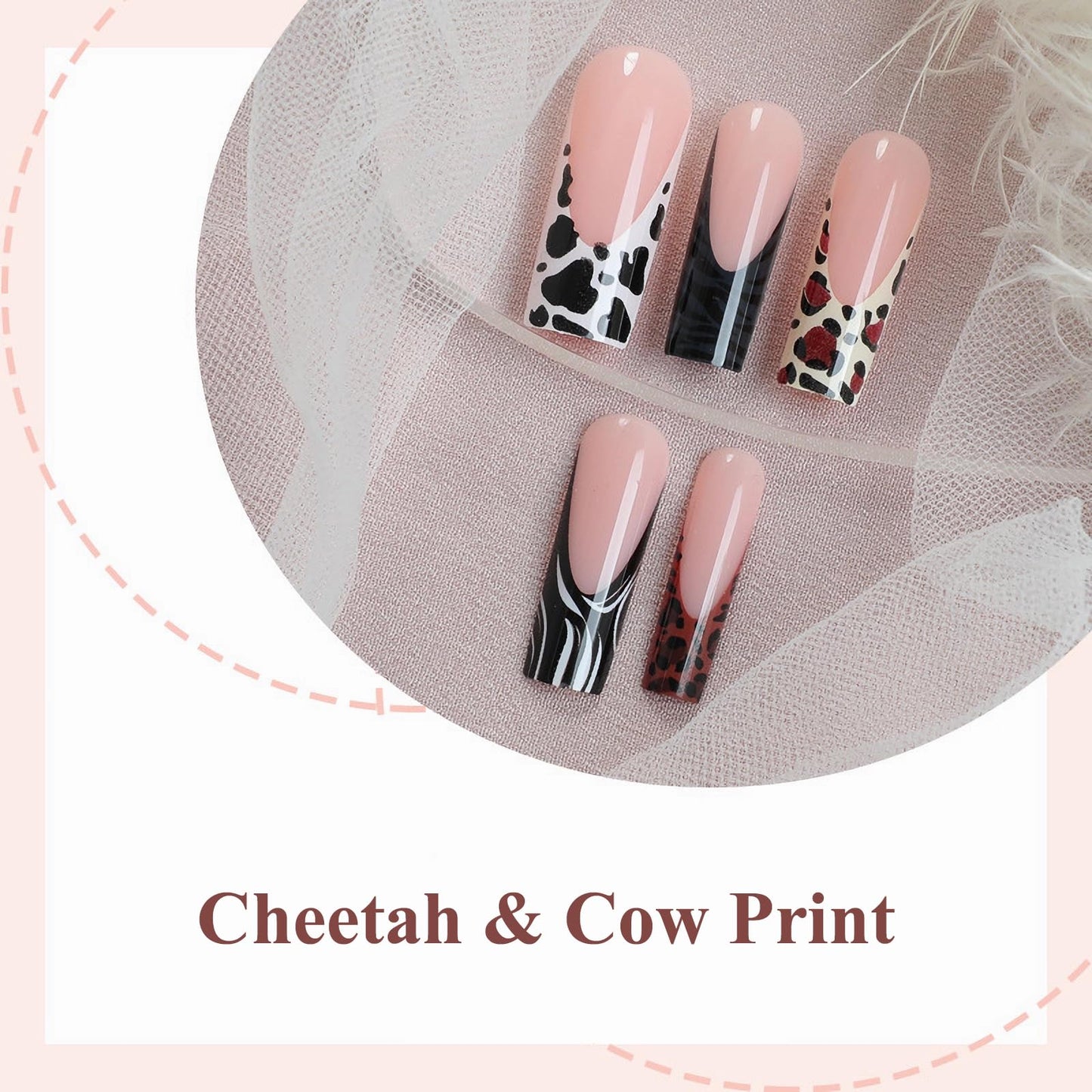 MISUD Press on Nails - Long Square Fake Nails with French Tip, Acrylic Cheetah Cow Print Design 24 pcs