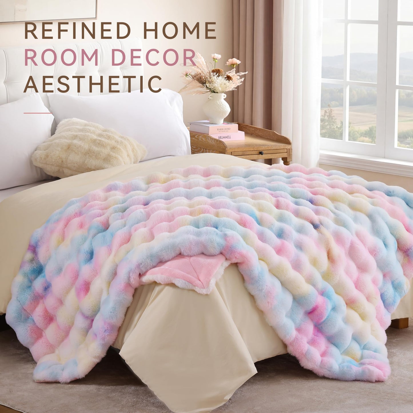 Smoofy Faux Fur Throw Blanket for Couch - Rainbow Super Soft Cozy Bubble Blanket, Fluffy Plush Fuzzy Throw for Sofa & Bed, Thick Lightweight Warm Blanket, Luxury Aesthetic Gift for Women 50"x60"