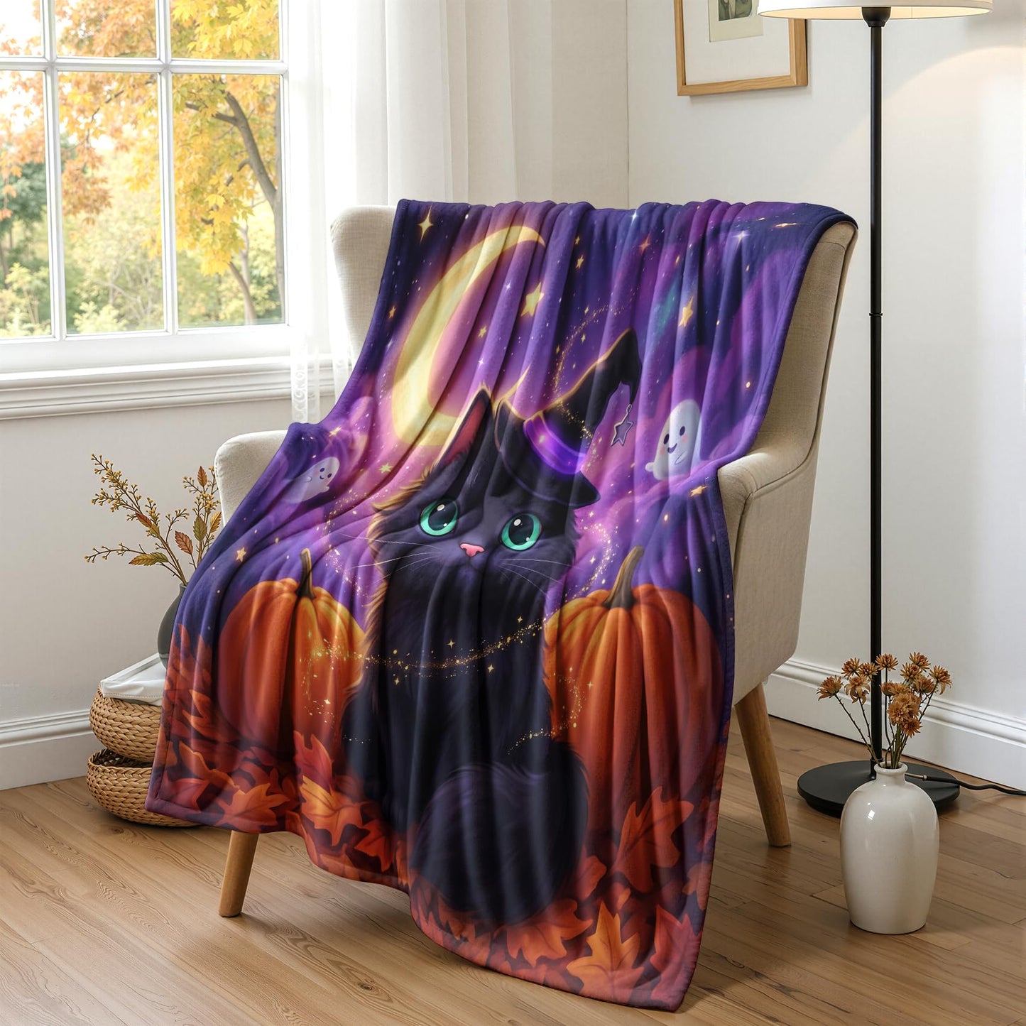 GEDAEUBA Halloween Blankets - Witchy Black Cat Pumpkin Ghost Fleece Blanket Throw, Soft Cozy Blankets & Throws for Couch, Bed, and Sofa, 50x60 inches