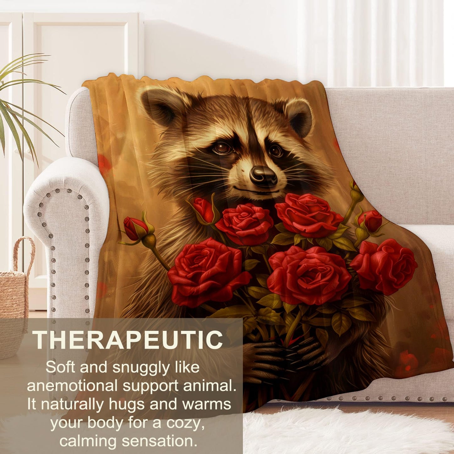 cromcu Raccoon Blanket for Kids and Adults, Holding a Bouquet of Rose, Flannel Throw Blankets, Lightweight Warm Soft for Sofa Couch Bed Romantic Decor Gifts, Single-Sided Printing, 50x60 Inches