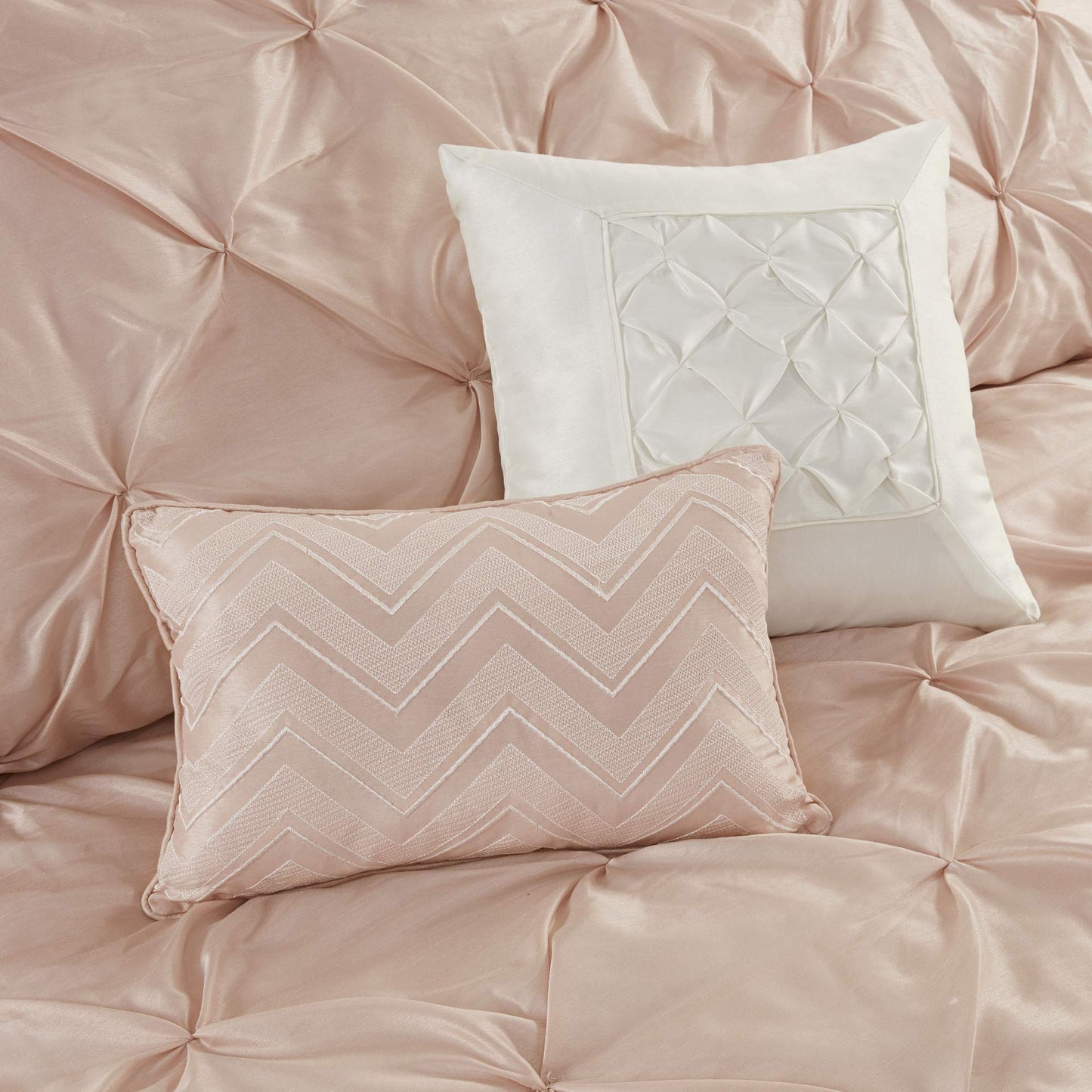 Madison Park Essentials Room in a Bag Faux Silk Comforter Set - Luxe Diamond Tufting All Season Bedding, Matching Curtains, Decorative Pillows, Blush King(104"x92") 24 Piece