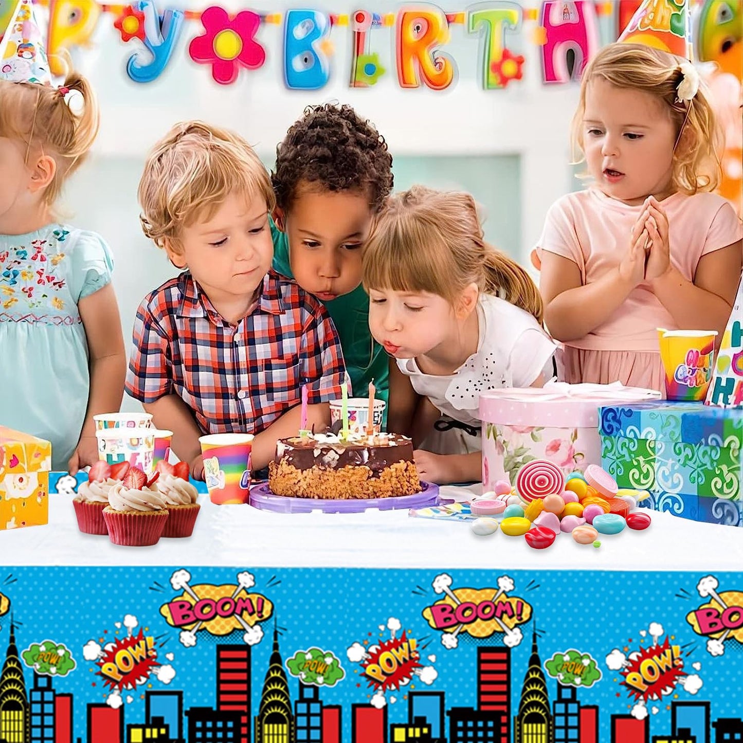 LANHYER 2Pack Super Theme Hero Tablecloth Birthday Party Decoration Include Tableware Supplies Tablecloth for Cityscape Kids Baby Shower Birthday Party Decorations