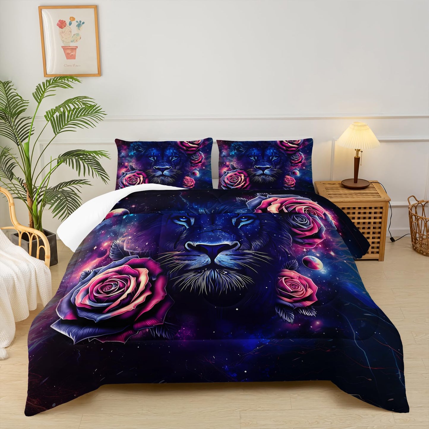 lneffble Black and Red Galaxy Roses Lion Comforter Set Full Size，Full Size Bedding Set Animal Print，Jungle Animal Bedroom Decor，with 1 Comforter with 2 Pillow Case