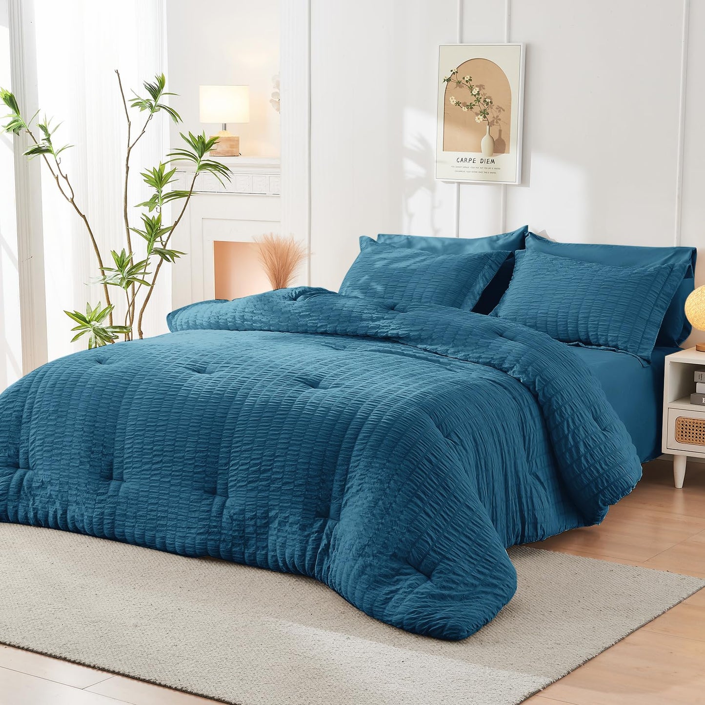 HYMOKEGE Teal Oversized Queen Comforter Set Seersucker 7 Pieces, All Season Luxury Bed in a Bag for Bedroom, Bedding Set with Comforter, Sheets, Pillowcases & Shams