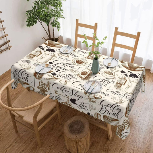 ZEJAYFEY Coffee House Rectangle Tablecloth Coffee Pots Bean Cups Bread Table Cloths Vintage Brown Beige Pattern Print Washable Table Cover for Home Kitchen Dining Parties Cafe Decor 54 x 72 Inch