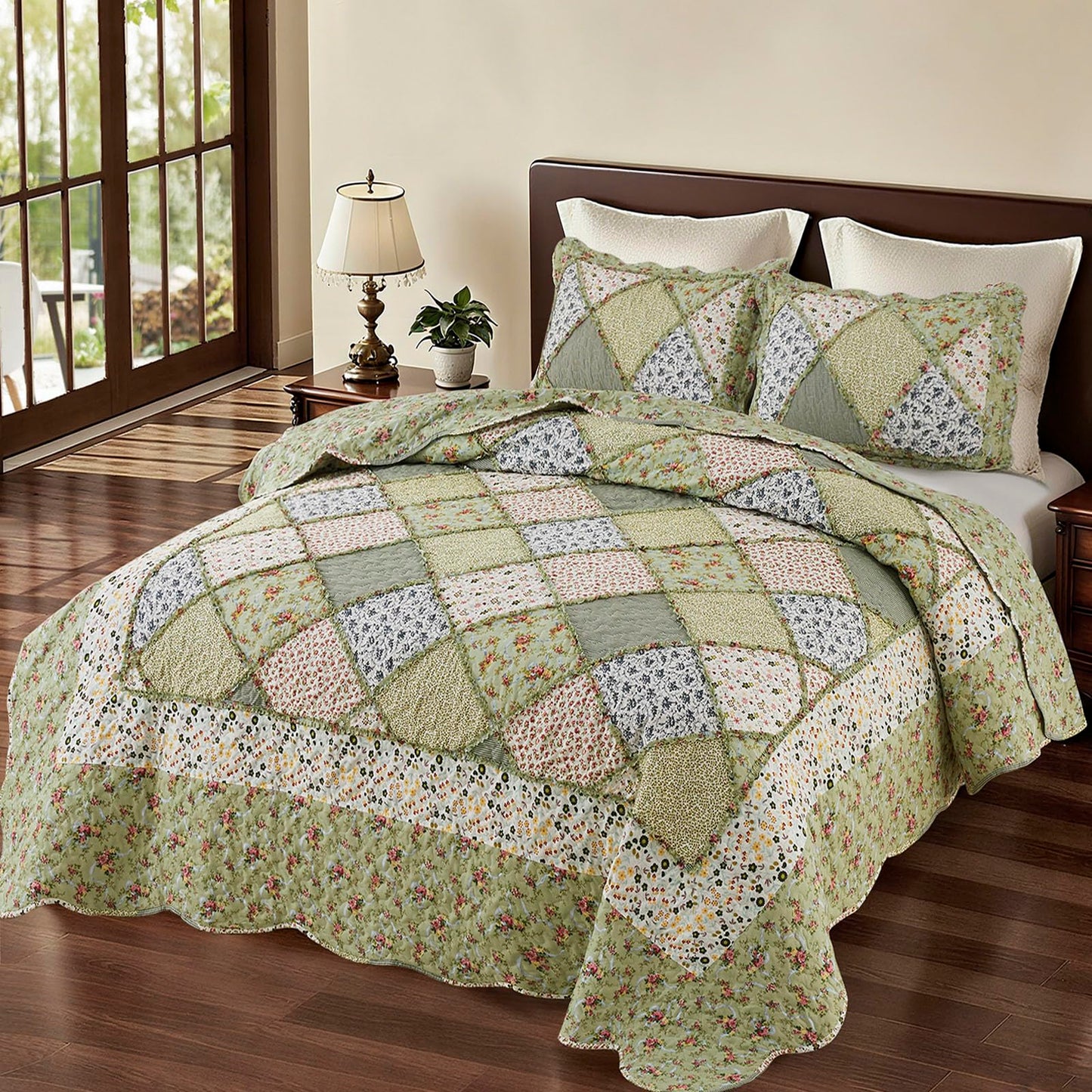 VIVILINEN Full Queen Size Green Patchwork Quilt Set Reversible Quilted Bedspread Coverlet Set 3-Piece Floral Lightweight Comforter Stitched Bedding Set Bed Sheet Set Cover Blanket with 2 Pillow Shams