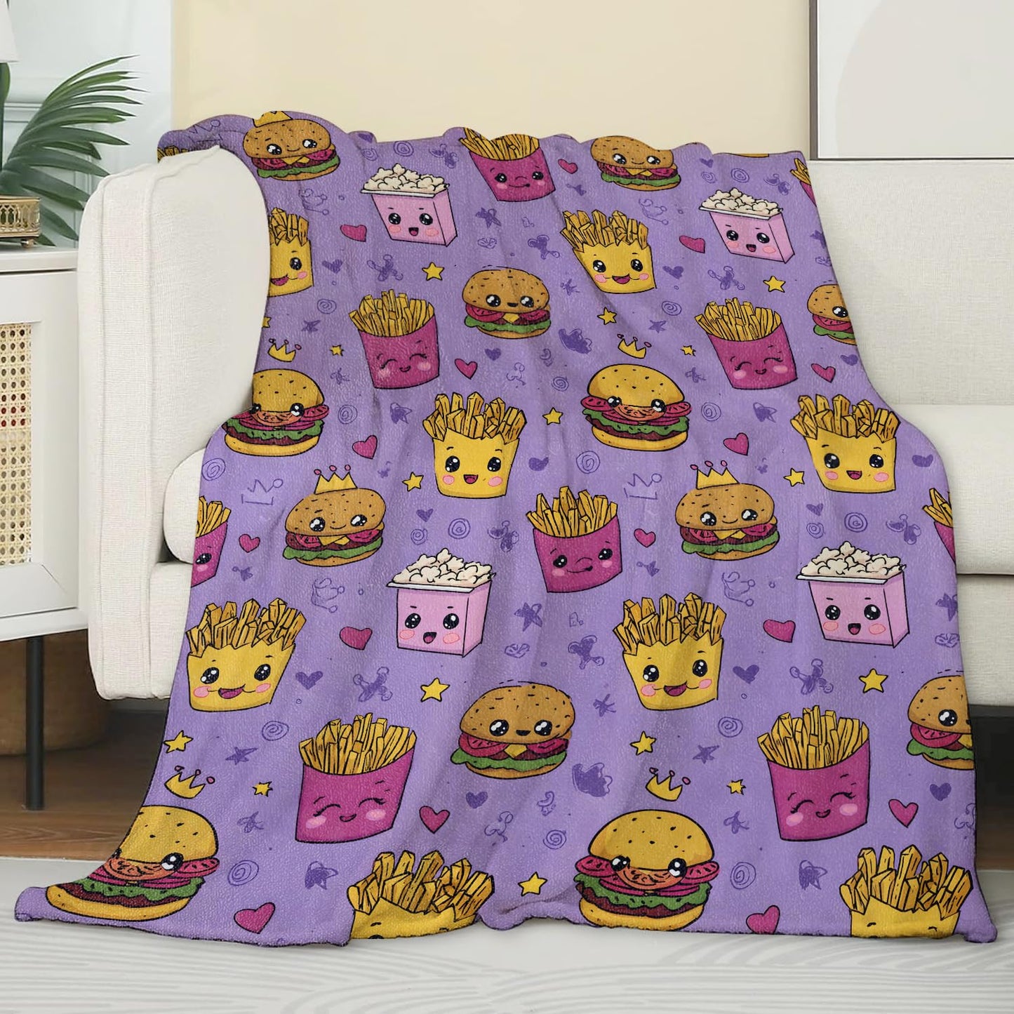 Zeleda Fun Fast Food Blanket,Cute Cartoon Burger and Fries Flannel Throw for Kids,Women,Adults as Gifts,Cozy Soft Blankets for Couch,Bed,Office,Camping,Picnic,Decorative Throws,50x60 Inch