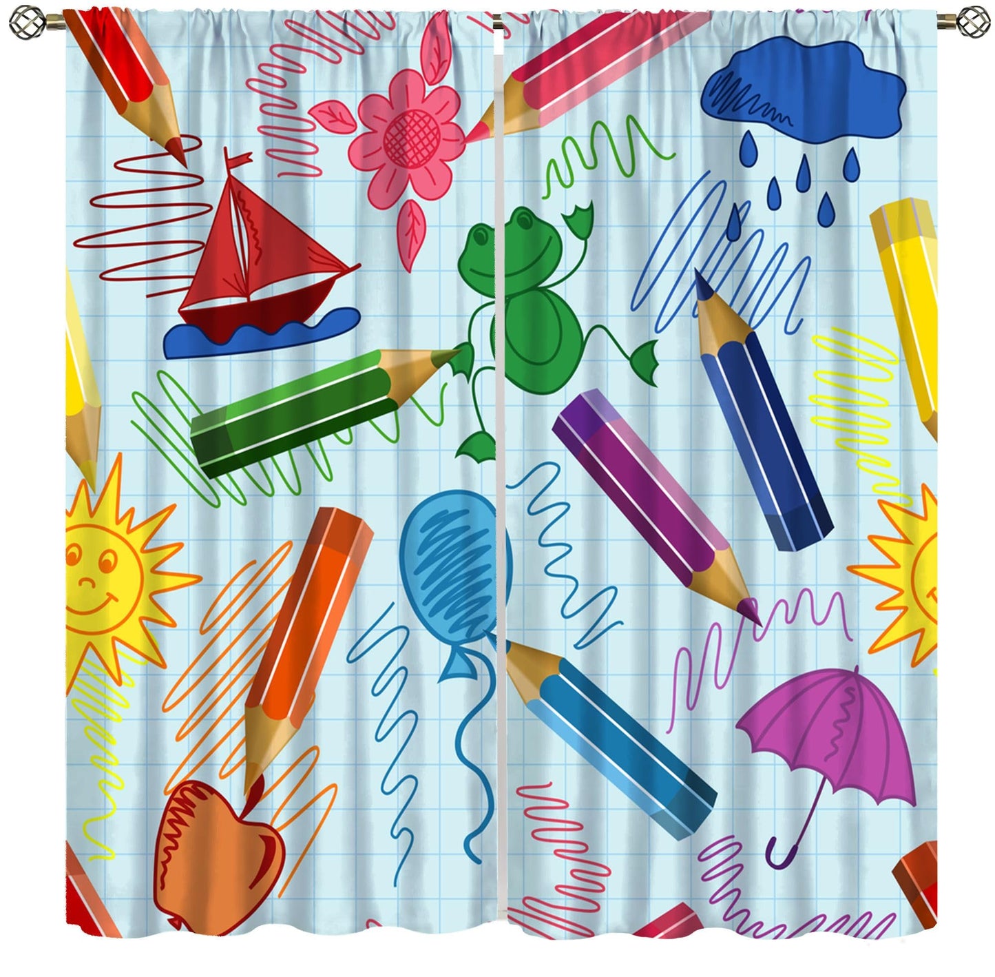 AAVEUP Scientific Creativity Curtain for Kids Bedroom,Cartoon Education Learning Science Atom Robot Pencil Good Idea Window Drapes Print for Boys Nursery Children Toddler Bedroom 42x45in（No Blackout）