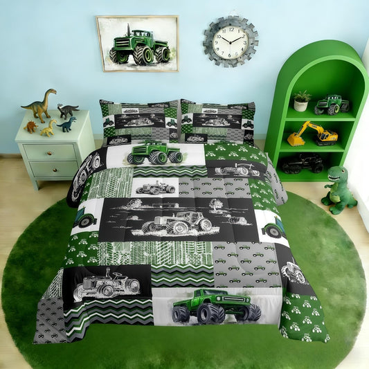 Equipment Trucks Comforter Set Queen, Tractor Down Comforter, Green Vehicle Duvet Set for Child Kids Child Boys Teens Construction Excavator Construction Site Car Quilt Set for Bedroom Decor Gift