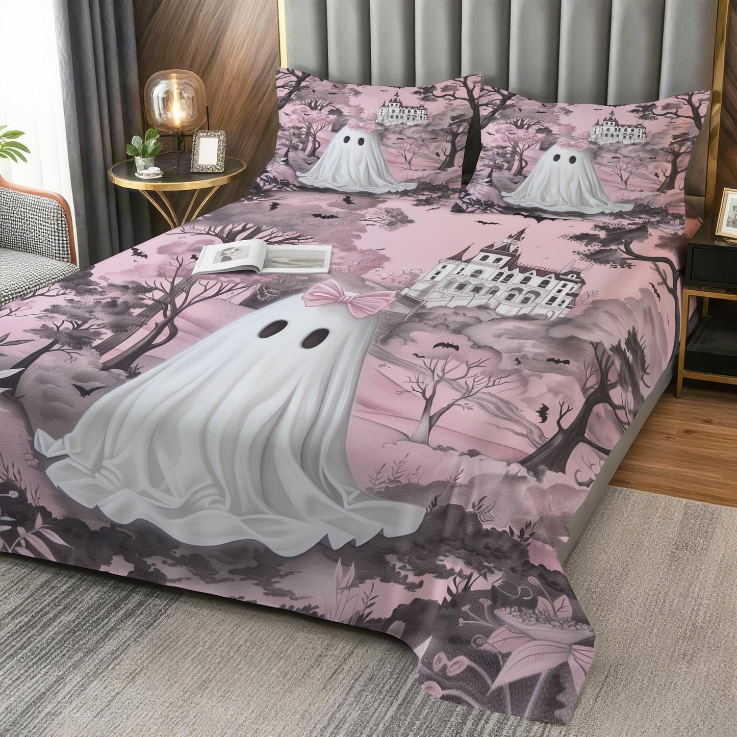 Pink Ghost Sheets Twin Size - Cute Halloween Gothic Spooky Bed Sheet Set - Deep Pocket Soft Microfiber Bedding Set 3 Piece - Fitted Flat Sheet Pillowcase - Pink Ghost Bedroom Decor & Gifts