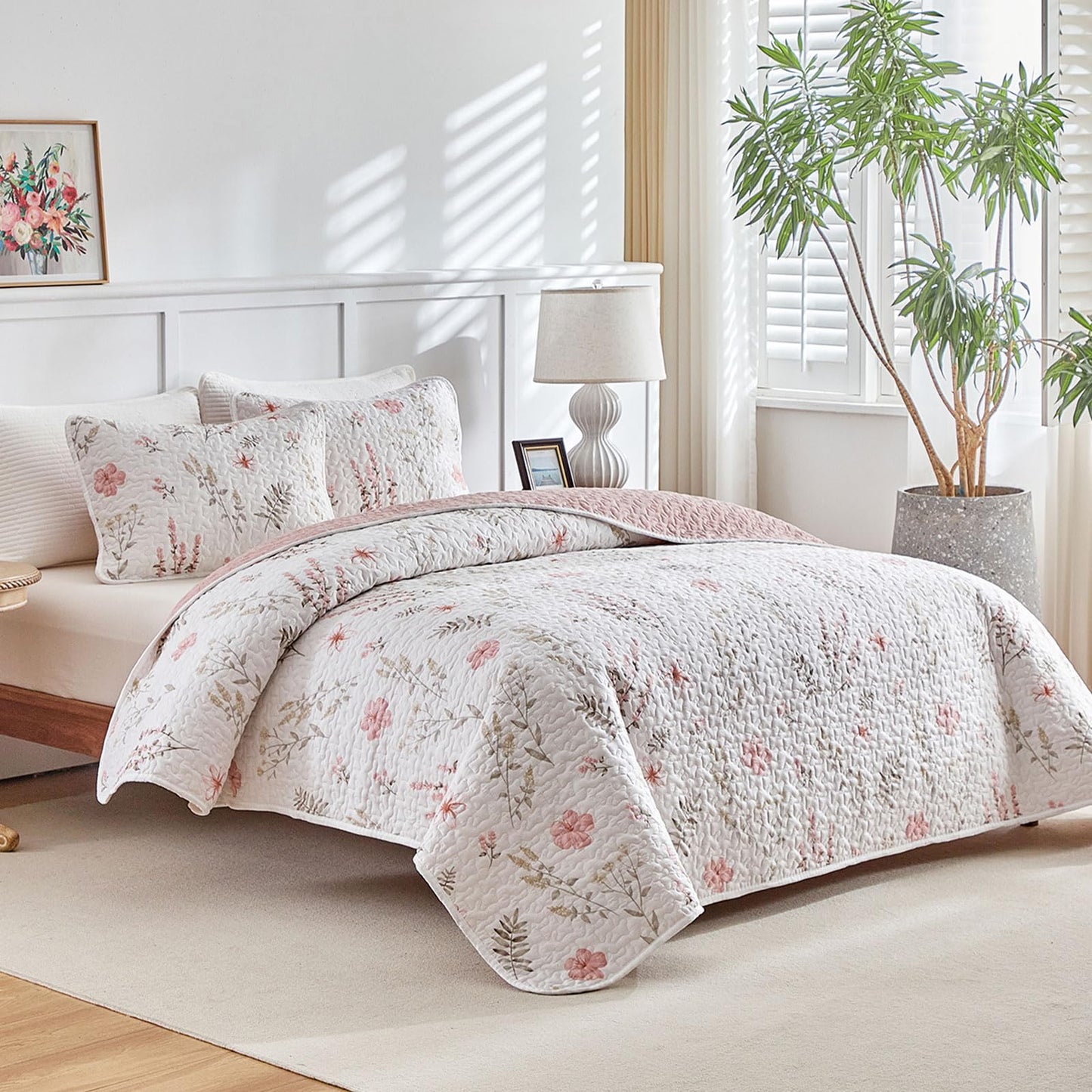 Joyreap 3 Pieces Cotton Quilt Set for Girls, Queen Size Pink Floral Design, Cozy Lightweight Quilt Bedspread Bed Cover for All Season, 1 Quilt and 2 Pillow Shams- 90x90 inches