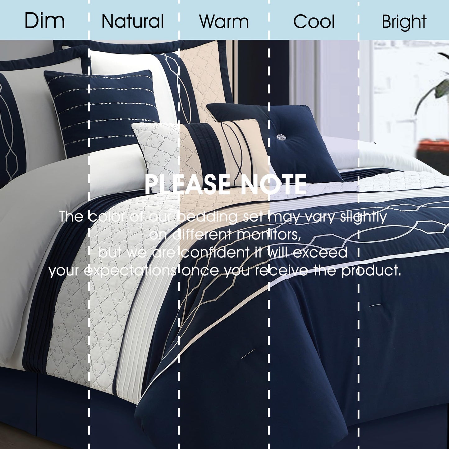 LANCO MODERN LIFESTYLE 7 Piece Comforter Set, Queen, White Navy Geometric Design, 100% Polyester, Luxury All Seasons Bed Set Includes Comforter, Bed Skirt, Pillow Shams, and Decorative Pillows