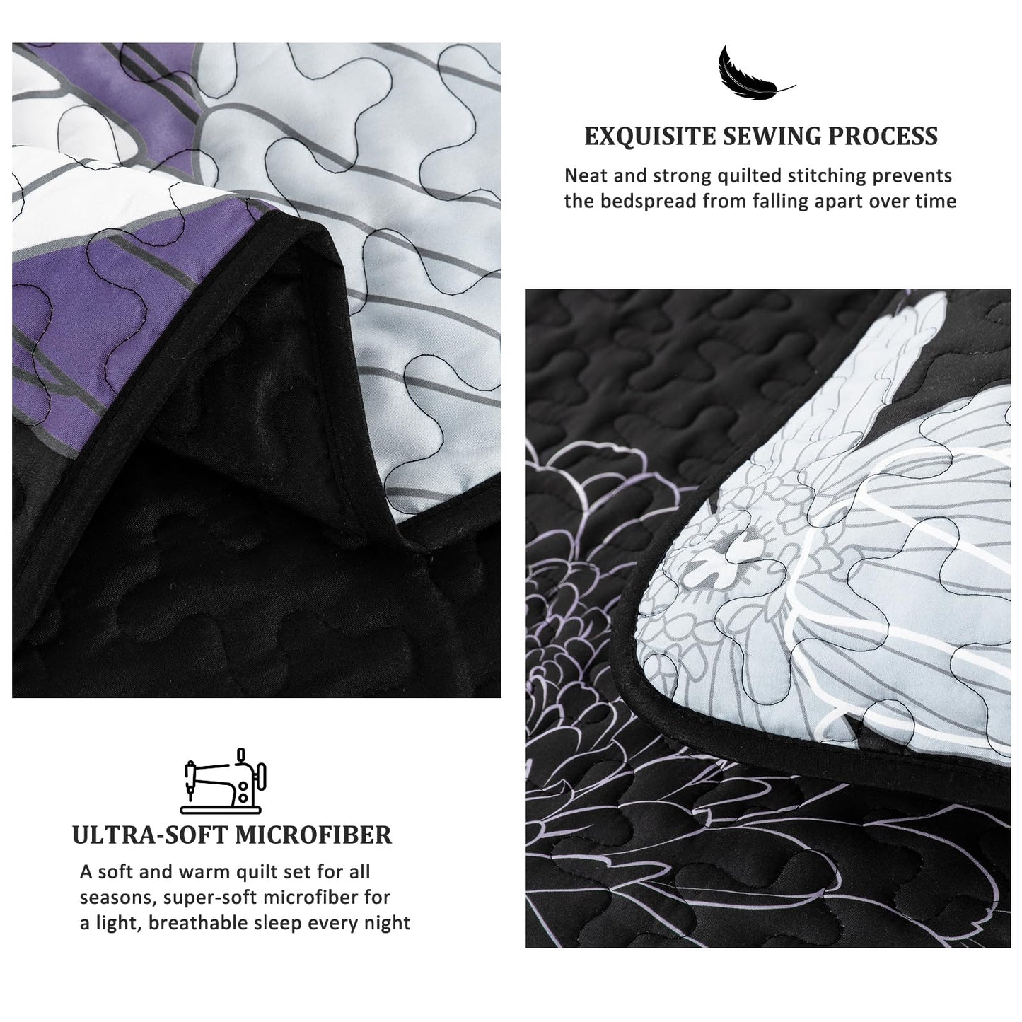 Purple Floral Quilt Set Queen Size - 3 Pieces Purple Flower Pattern Coverlet Set, Soft Microfiber Lightweight Quilted Bedspread for All Season with 2 Pillowcases All Seasons Bed Cover Set 96"x90"