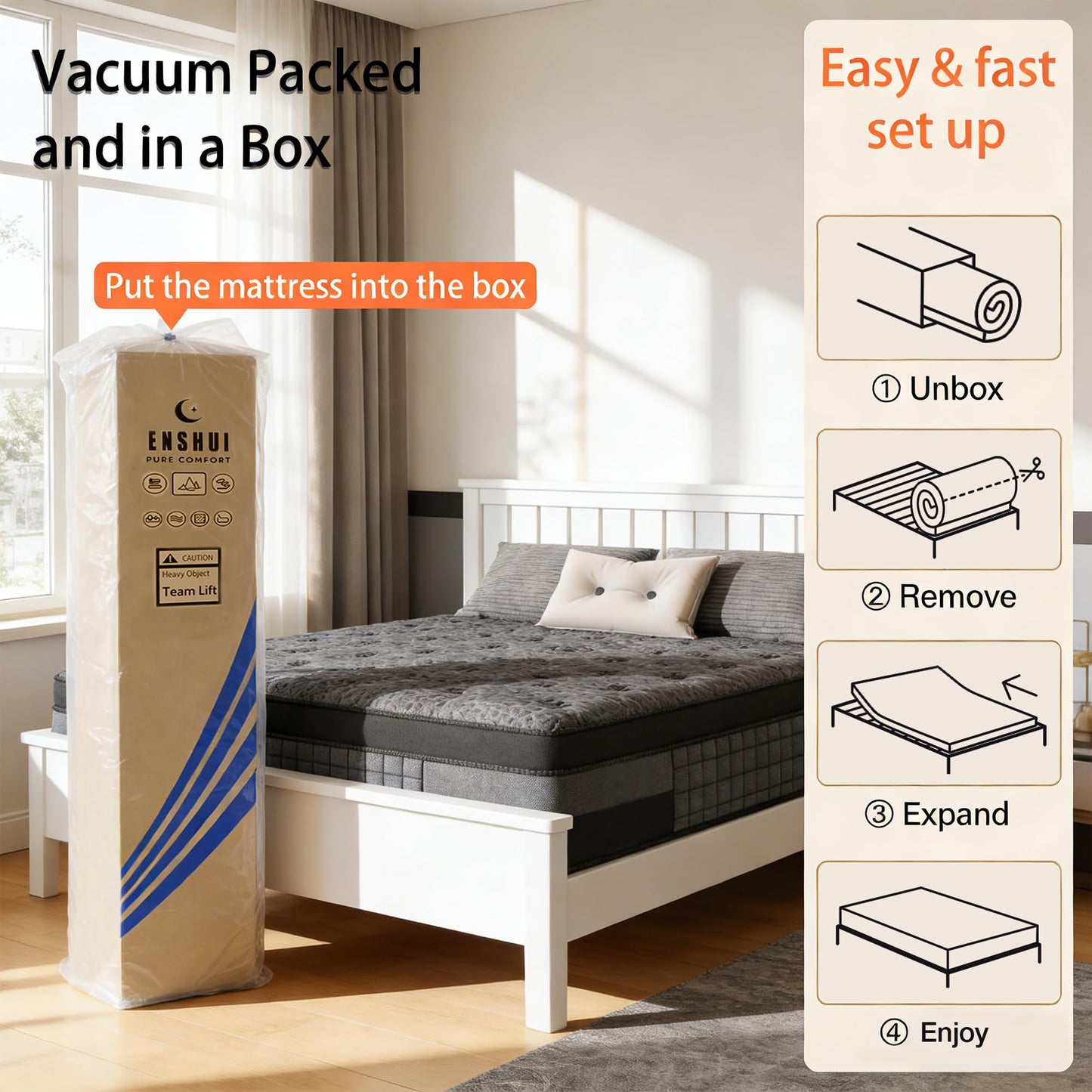 ENSHUI Twin Mattress,12 Inch Hybrid Mattress in a Box，Medium Firm Mattresses with Gel Memory Foam & Pocket Springs, Pressure Relief, Cooling,Edge Support, 365 Night Trial（Horizontal bar Side）