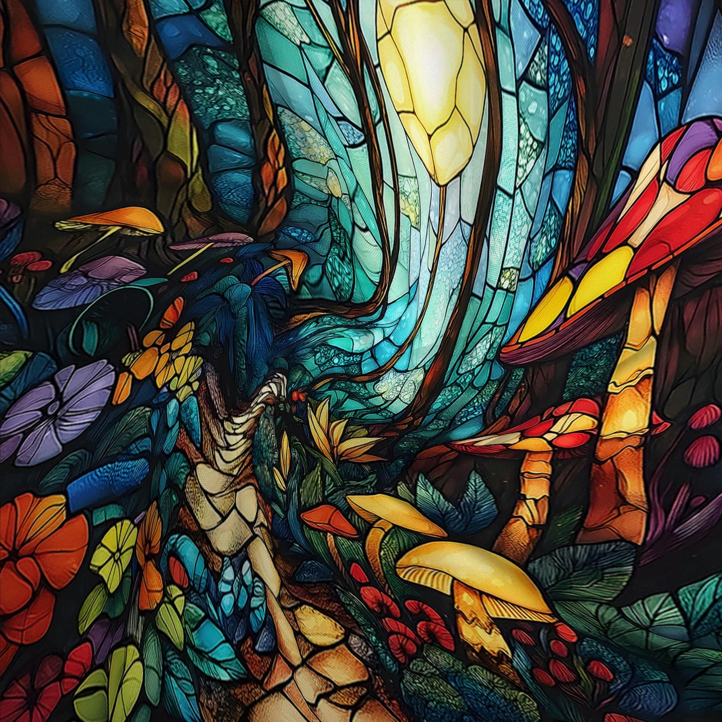 Fantasy Forest Shower Curtain Stained Glass Fairy Garden Mushroom Full Moon Wonderland Wood Tale Tree Magical Spring Floral Bath Curtain Fabric Bathroom Accessories Decor with Hooks (70.00"LX70.00"W)