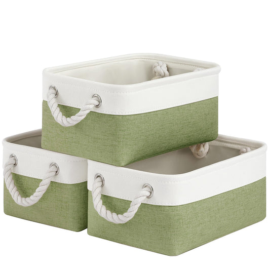 VQRTEXA Storage Baskets for Shelves 11.8x7.9x5.2 Inch, Foldable Fabric Storage Bins with Handles, Small Storage Baskets for Organizing Closet, Office, Home Organization (3-Pack, White&Green)